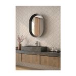 Azulejo 30x90 Miyako Art Natural Rect Keraben, ambientación de baño con el producto instalado en paredes y mueble madera