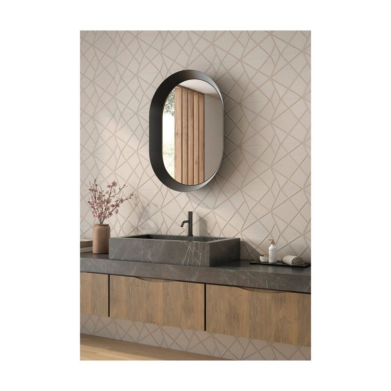 Azulejo 30x90 Miyako Art Natural Rect Keraben, ambientación de baño con el producto instalado en paredes y mueble madera