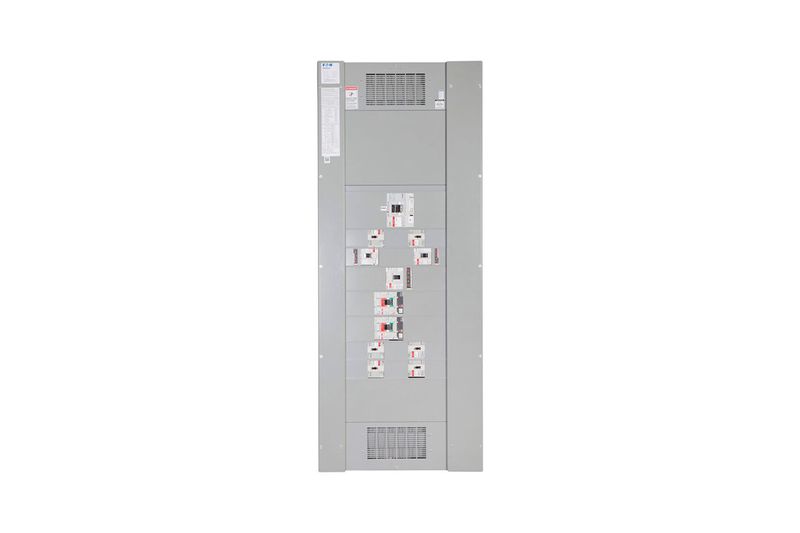 Conector PRL3 para 2 breaker PDG2 (FD) 3P 150 A max CH Eaton, panel eléctrico gris con interruptores instalados