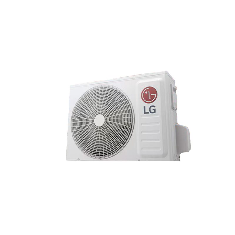 Condensador 12000 BTU 220V SEER 16.5 LG, unidad exterior blanca vista frontal en ángulo