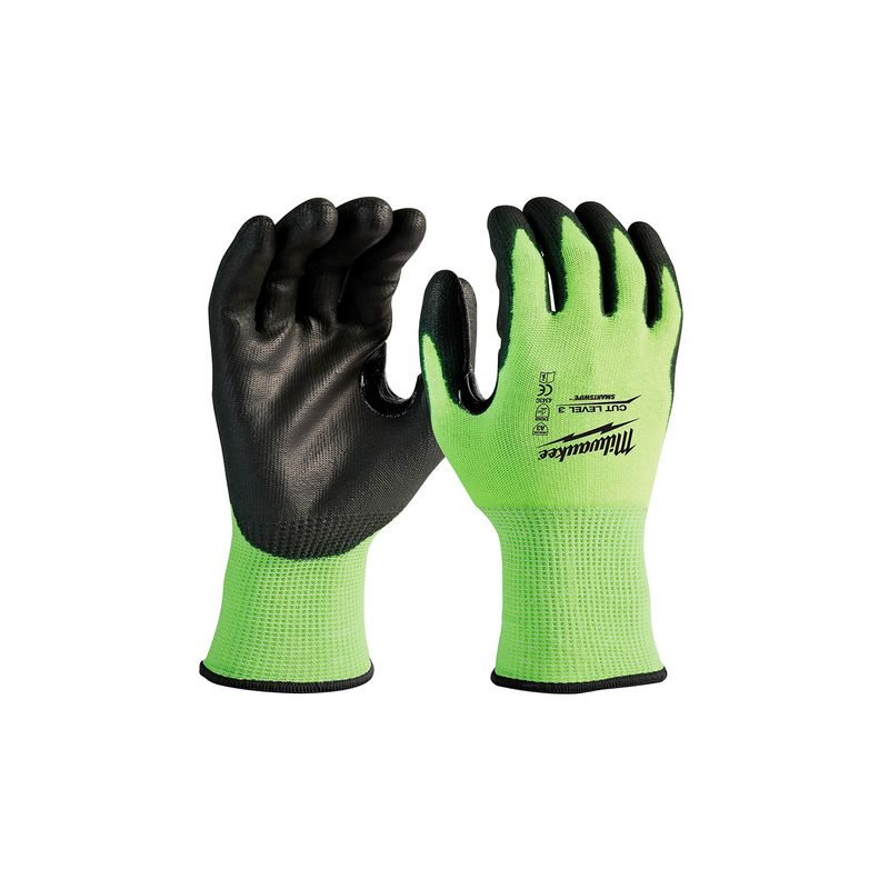 Guante de nitrilo alta visibilidad Milwaukee talla XL anticorte nivel 3, par de guantes color verde con palmas negras