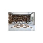 Baldosa 55 x 55 Casa Blanca blanco mármol brillante Porcelanite, instalada en piso de biblioteca con diseño decorativo café
