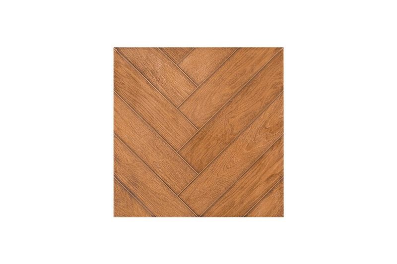 Baldosa 45 x 45 Acacia café madera BR Cecafi, vista frontal de la pieza con diseño de vetas de madera en espiga
