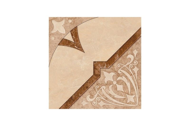 Baldosa 45x45 Castanhal MR geométrico brillante Cecafi, detalle de diseño ornamental con curvas y tonos crema y café
