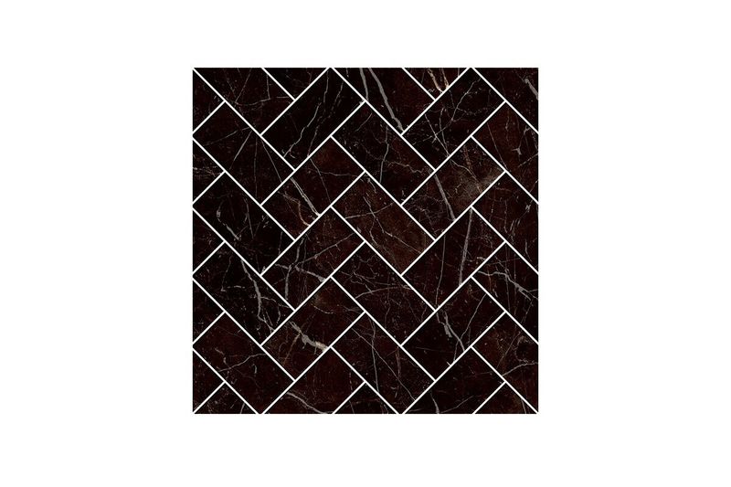 Azulejo 20x20 Akali negro baño Lamosa, vista frontal de la pieza con diseño de bloques entrelazados y vetas blancas