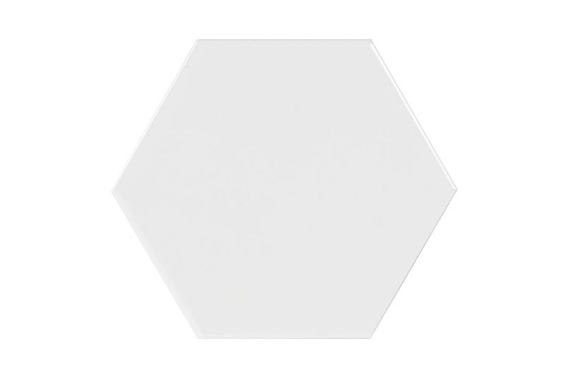 Azulejo 15 x 17 hexagonal blanco brillante Estudio Cerámico, vista frontal de una sola pieza sobre fondo blanco