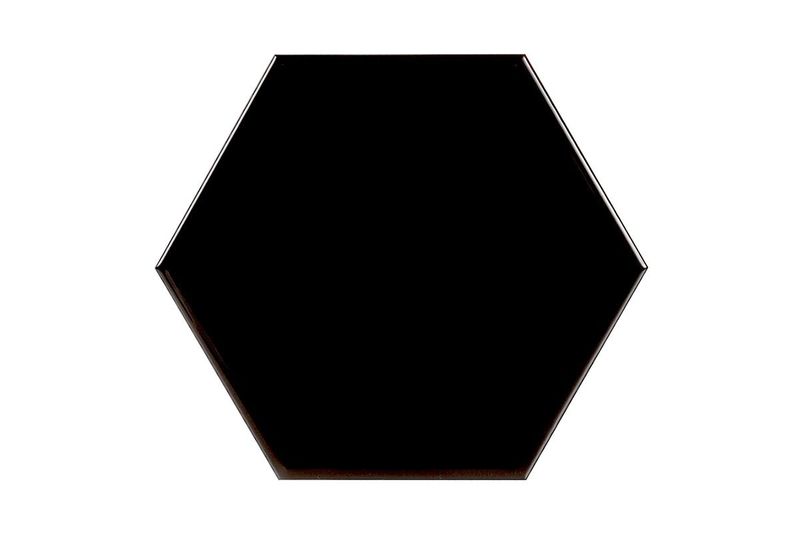 Azulejo 15 x 17 opal hexagonal negro brillante Estudio Cerámico, vista frontal centrada de la pieza individual