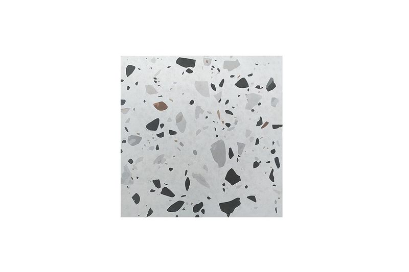 Porcelanato 60 x 60 terrazo 1022 blanco gris mate Sinsa, vista frontal de la pieza con diseño de fragmentos moteados