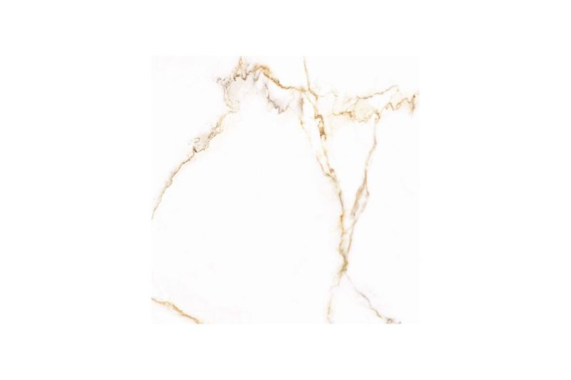 Baldosa 54 x 54 Florence blanco mármol brillante Serra Azul, primer plano del veteado dorado sobre fondo blanco