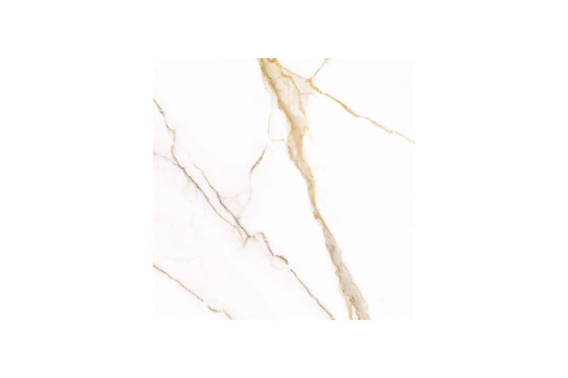 Baldosa 54 x 54 Florence blanco mármol brillante Serra Azul, acercamiento al veteado dorado sobre fondo blanco