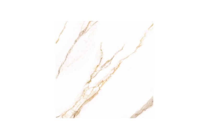 Baldosa 54 x 54 Florence blanco mármol brillante Serra Azul, acercamiento al veteado dorado y beige sobre fondo blanco