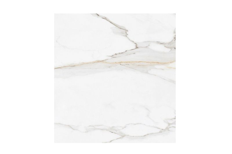 Porcelanato 120x120 Gold Calacatta super brillante Sunhearrt, primer plano de la superficie con vetas grises y doradas