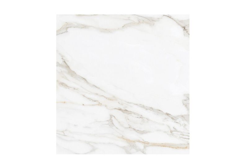 Porcelanato 120x120 Gold Calacatta súper brillante Sunhearrt, vista cenital de la pieza con vetas doradas y grises