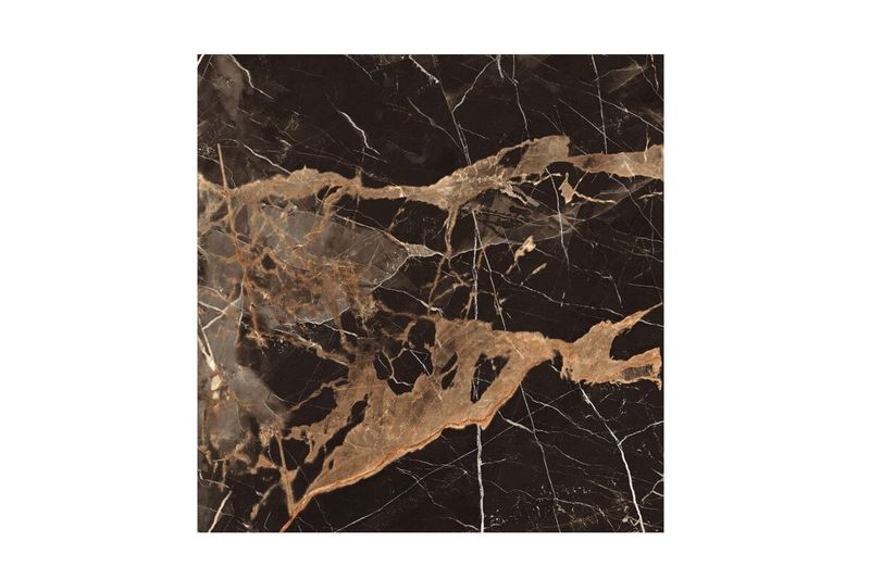 Porcelanato 120x120 Portico negro mármol super brillante Sunhearrt, primer plano de la pieza con vetas doradas y blancas