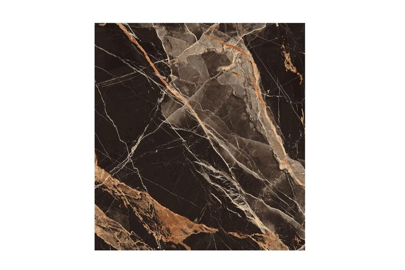 Porcelanato 120x120 Sunhearrt, plano detalle de la superficie negra con vetas marmoleadas en tonos ocres y grises
