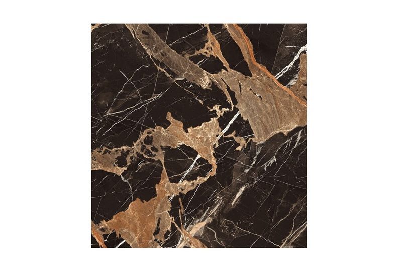 Porcelanato 120x120 Sunhearrt, pieza cuadrada de color negro con vetas marmoleadas en tonos café y blanco brillante