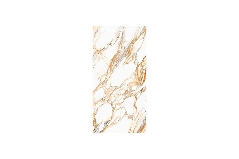 Porcelanato 60 x 120 Aura Gold Mármol Br Sunhearrt, pieza individual con vetas doradas y fondo blanco brillante