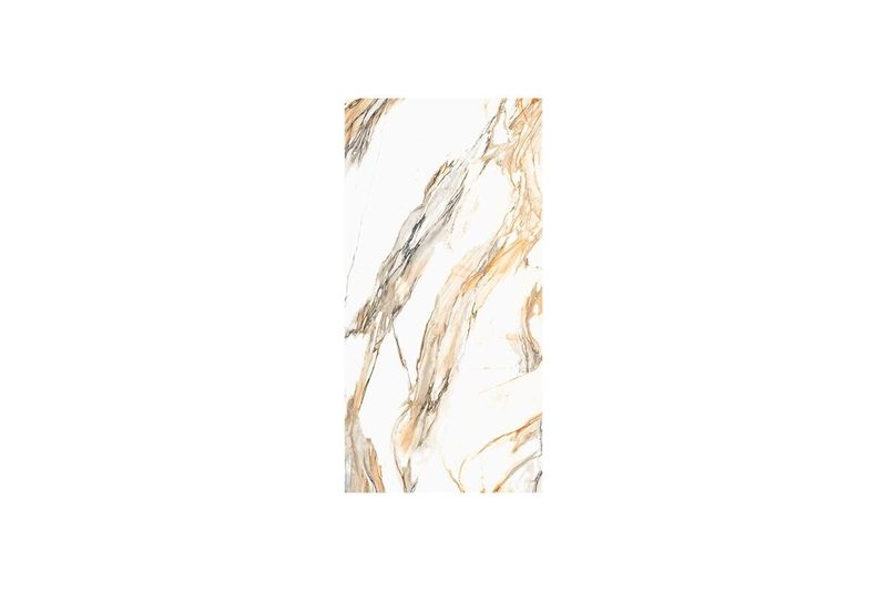 Porcelanato 60 x 120 Aura Gold Mármol brillante Sunhearrt, detalle de la veta marmoleada en tonos dorados y blanco