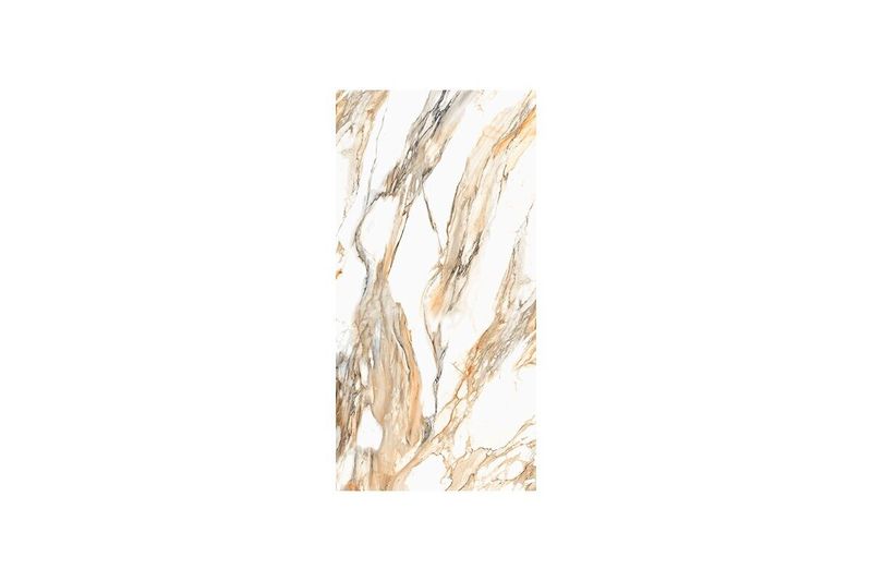 Porcelanato 60x120 Aura Gold Mármol brillante Sunhearrt, pieza individual con vetas doradas y grises sobre fondo blanco