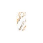 Porcelanato 60 x 120 Aura Gold Mármol brillante Sunhearrt, detalle de veteado dorado y gris sobre fondo blanco