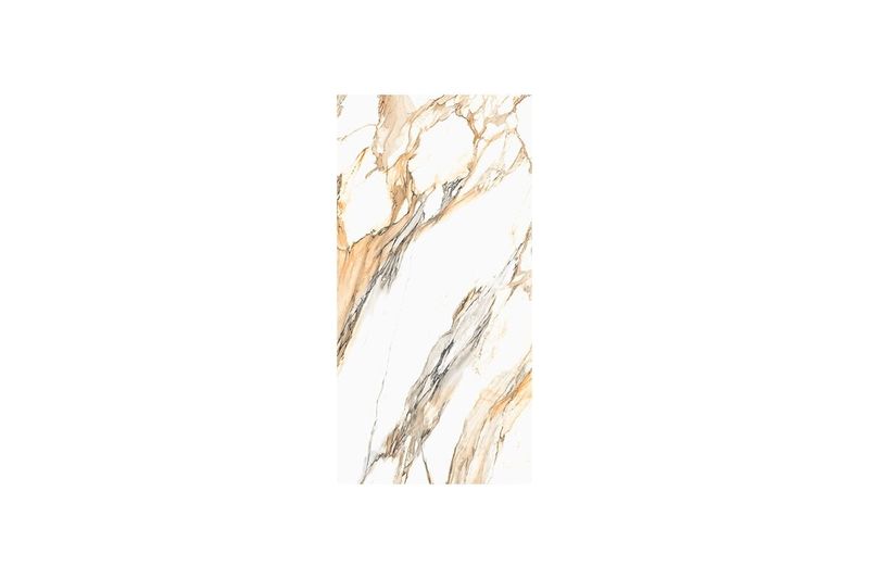 Porcelanato 60 x 120 Aura Gold Mármol brillante Sunhearrt, detalle de veteado dorado y gris sobre fondo blanco