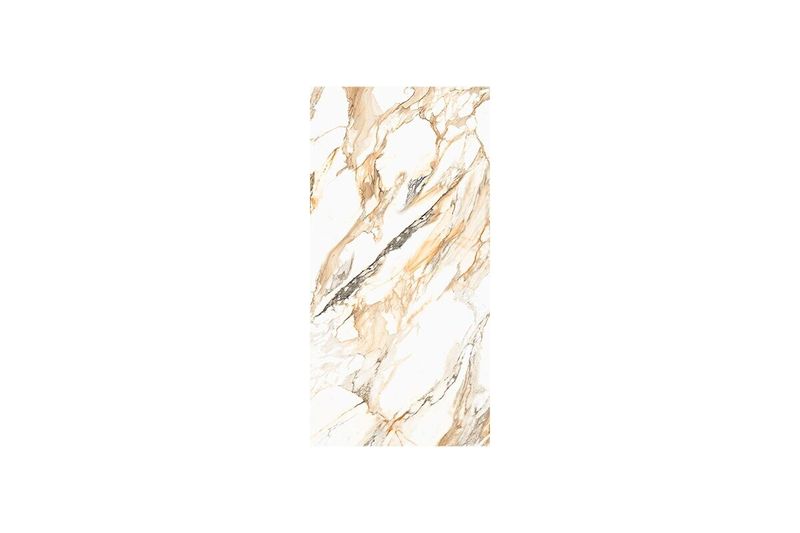 Porcelanato 60 x 120 Aura Gold Mármol Brillante Sunhearrt, detalle de la veta marmoleada en tonos blancos y dorados