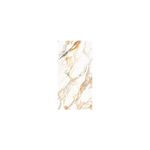 Porcelanato 60 x 120 Aura Gold Mármol brillante Sunhearrt, detalle del veteado marmoleado en tonos dorados y blanco