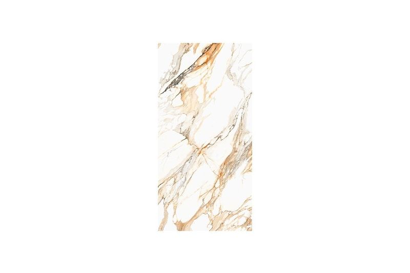 Porcelanato 60 x 120 Aura Gold Mármol brillante Sunhearrt, detalle del veteado marmoleado en tonos dorados y blanco