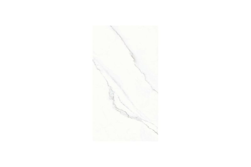 Azulejo 32x57 vino HD blanco mármol brillante Idealle, primer plano de la pieza con vetas grises sobre fondo blanco