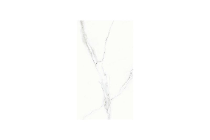 Azulejo 32x57 vino HD blanco mármol brillante Idealle, primer plano de la superficie con vetas grises sobre fondo blanco