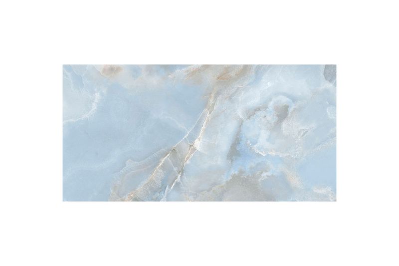 Porcelanato 60x120 G. Oni perla mármol alto brillo Geotiles, pieza rectangular con vetas en tonos azul claro y beige