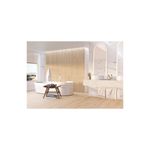 Azulejo 40x120 Rovere Honey RLV madera rect MT Pamesa, ambientación de baño con el producto instalado en piso y pared