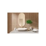 Azulejo 40x120 Rovere Bark RLV madera rect Pamesa, aplicado en pared de baño con lavamanos, espejo y planta decorativa