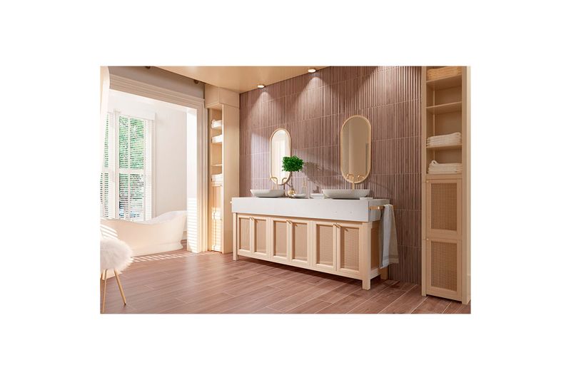 Azulejo 40x120 Rovere Brown RLV madera rect MT Pamesa, ambientación de baño con el producto en piso y pared