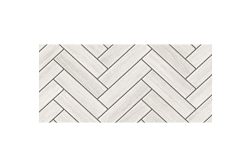 Azulejo 30 x 60 tipo madera espiga gris brillante rectificado SINSA, vista frontal del patrón de instalación en espiga