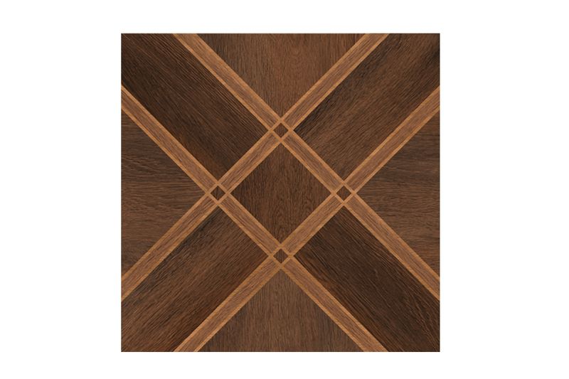 Baldosa 36x36 Narby FDX café madera geo Porcelanite, vista frontal cuadrada con diseño geométrico de vetas de madera