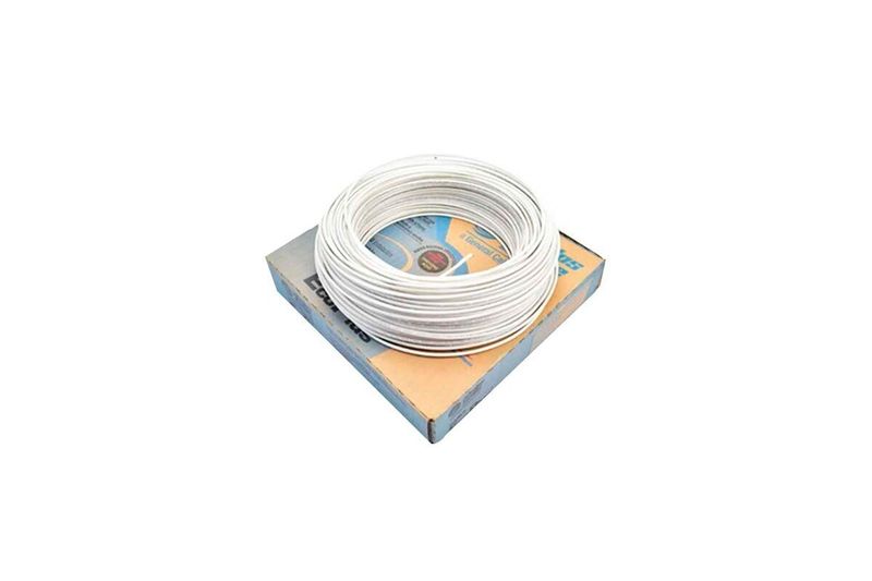 Cable TFFN caja 16 rojo Viakon, rollo de cable blanco sobre su caja de cartón azul y amarilla