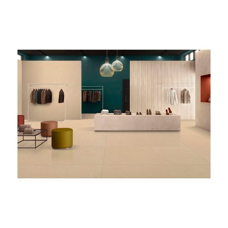Porcelanato 60x60 Burbury crema esfumado mate rect Sinsa, ambientado en piso de tienda de ropa con paredes coordinadas