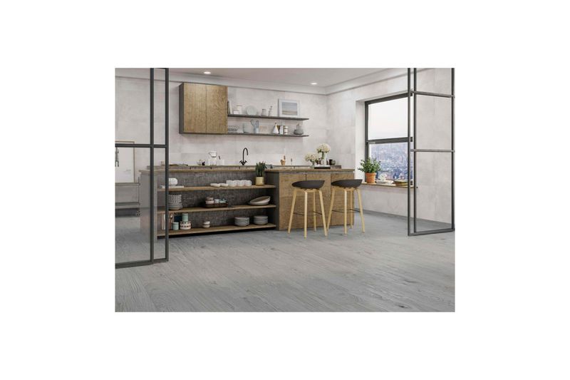 Porcelanato 75x150 Energy blanco rect mate Emotion Cerámicas, ambientación de cocina con piso y paredes instaladas