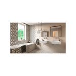 Porcelanato gres hidráulico Barcelona White 44.2 x 44.2 Realonda, aplicado en paredes y piso de un baño moderno