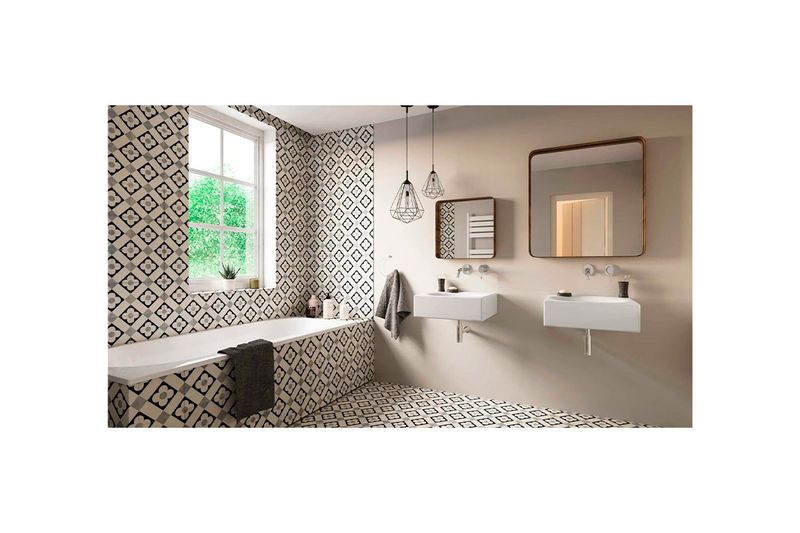 Porcelanato gres hidráulico Barcelona White 44.2 x 44.2 Realonda, aplicado en paredes y piso de un baño moderno