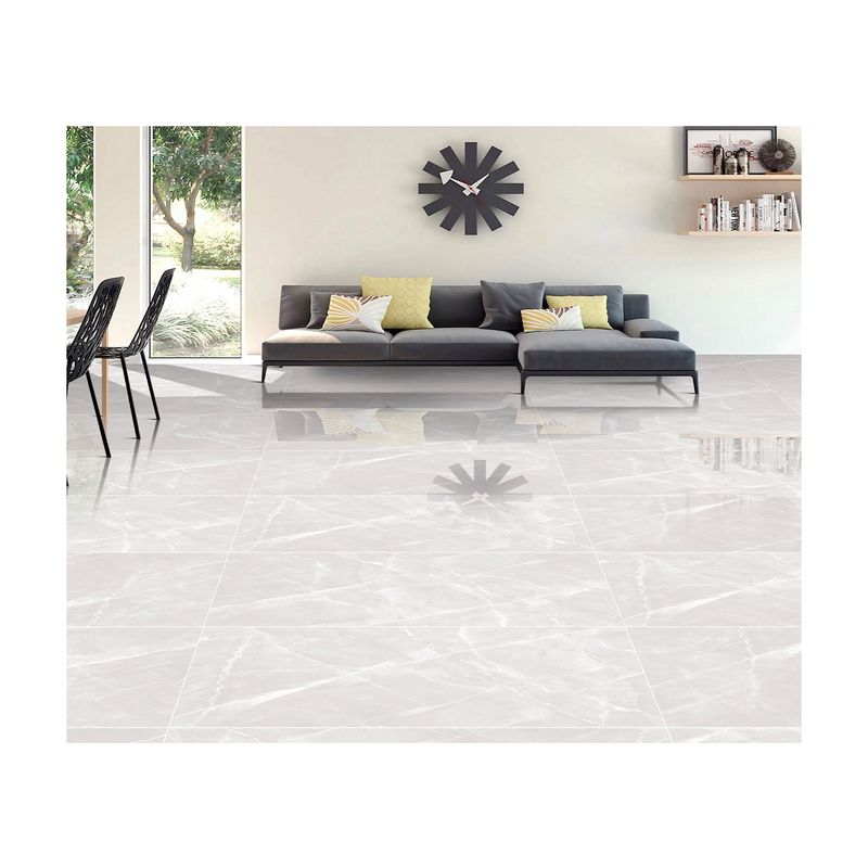 Porcelanato 60x120 Lucid Bianco Brillante Rect Sinsa, ambientación de sala con el producto instalado en el piso
