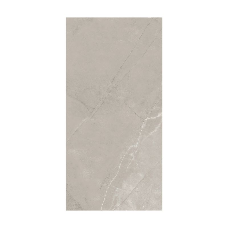 Porcelanato 60 x 120 Lanzarote gris brillante rectificado Sinsa, vista frontal de la pieza con vetas naturales