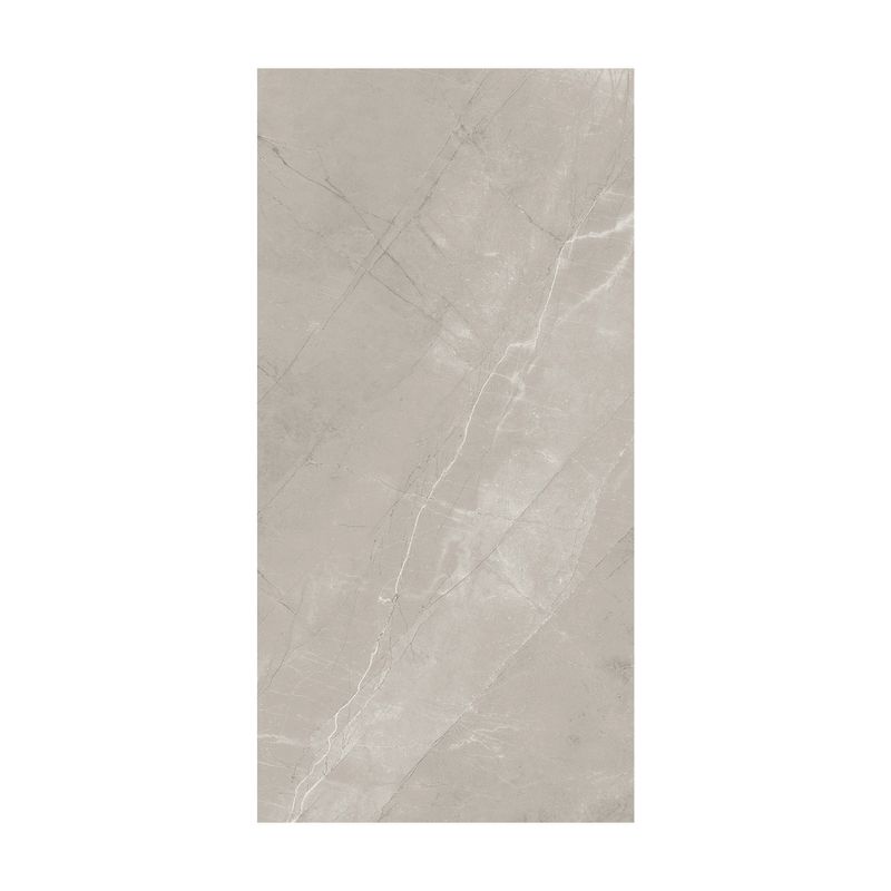 Porcelanato 60 x 120 Lanzarote gris brillante rectificado Sinsa, vista frontal de la pieza con vetas blancas