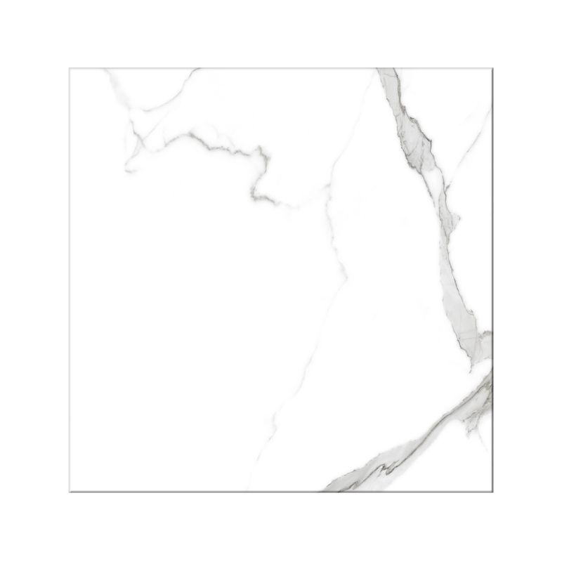 Porcelanato 120x120 Statuario Natural Mármol Brillante Rect Sinsa, vista frontal de la pieza con vetas grises sobre blanco