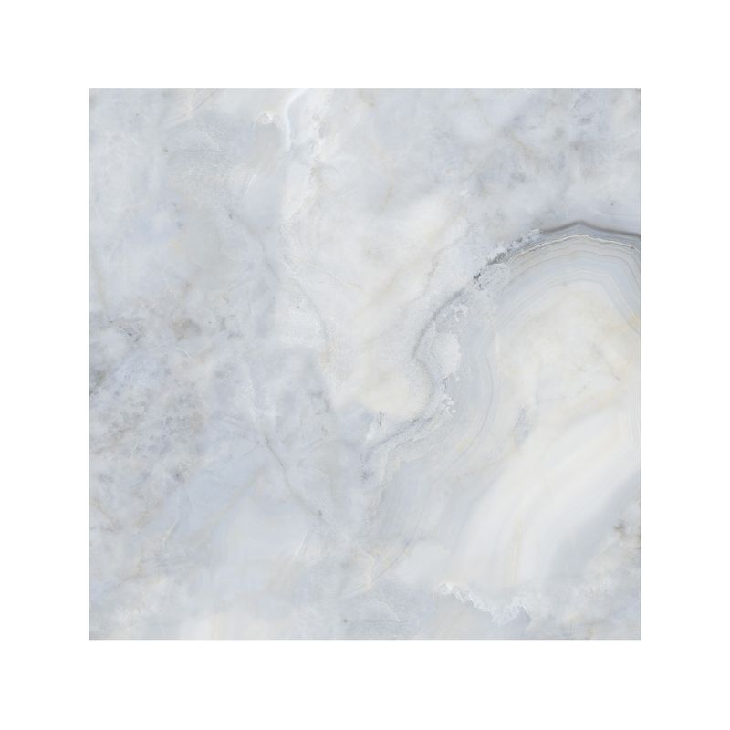 Porcelanato 120x120 blue agate onyx brillante rect Sinsa, vista frontal de la pieza con vetas blancas y grises