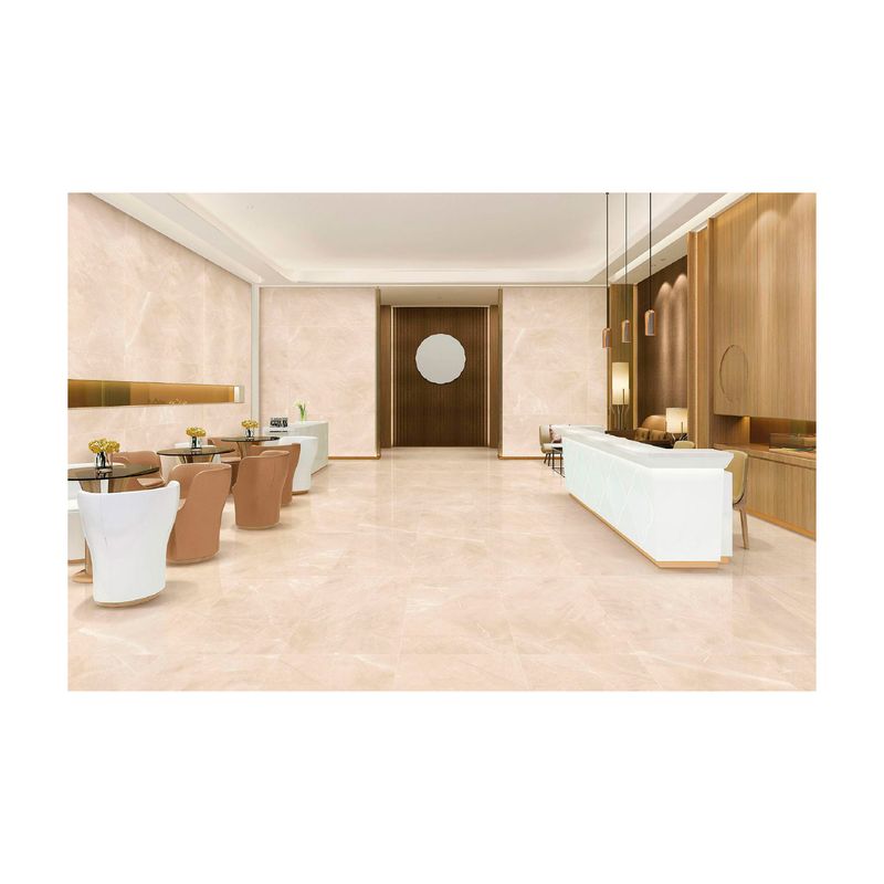 Porcelanato 120x120 Armani beige mármol brillante rectificado Sinsa, ambientación de lobby con piso y paredes instaladas