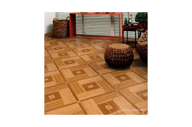 Baldosa 45x45 Croacia Geométrico Madera Brillante San Lorenzo, instalada en piso con muebles y accesorios decorativos