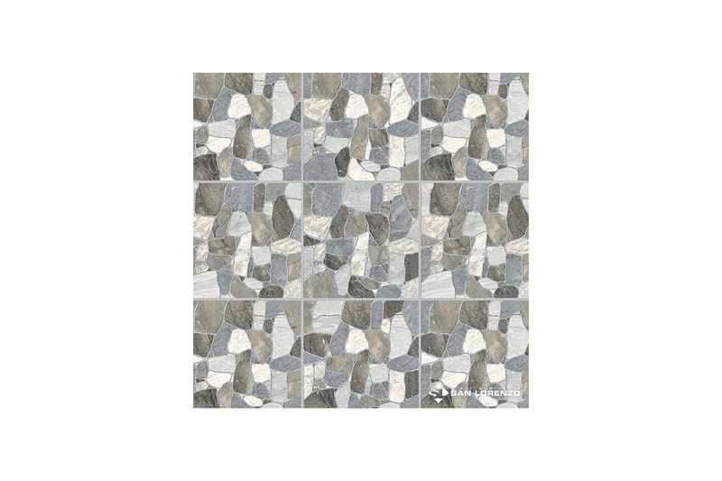 Baldosa 45x45 Rockstone gris mate San Lorenzo, composición de varias piezas instaladas simulando piedra natural