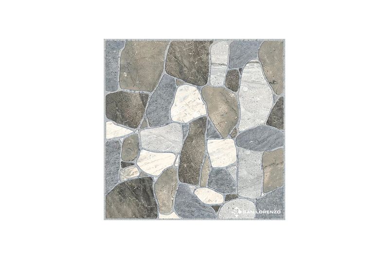 Baldosa 45x45 Rockstone gris mate San Lorenzo, vista frontal de la pieza con diseño de piedras irregulares en tonos grises